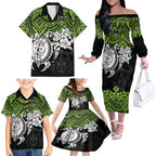 custom-raiders-rugby-family-matching-off-shoulder-long-sleeve-dress-and-hawaiian-shirt-canberra-hibiscus-and-turtle-with-polynesian-pattern