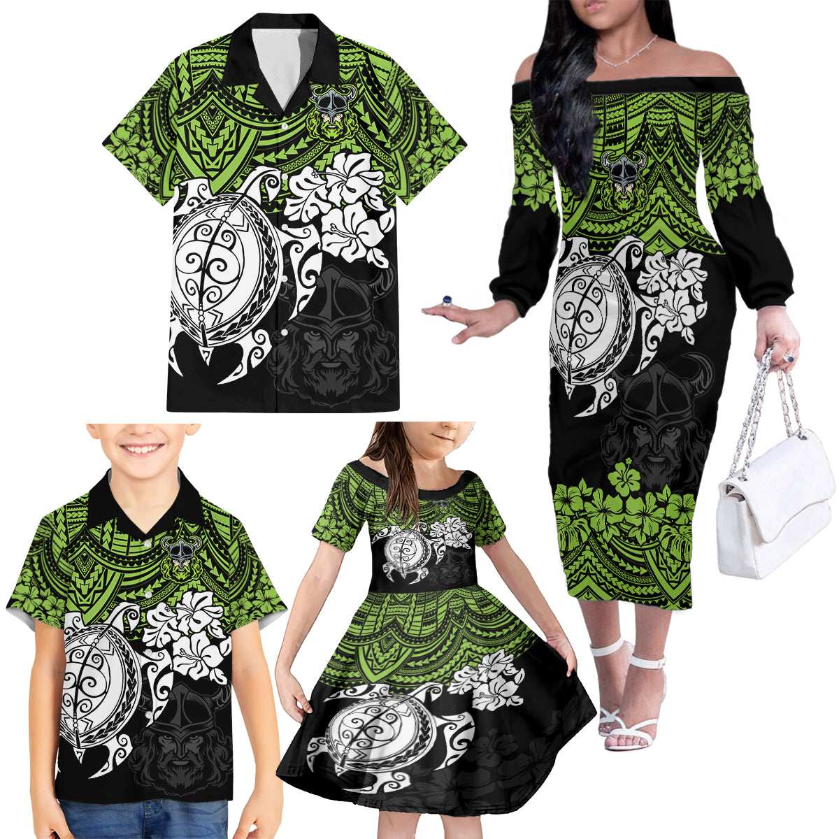 custom-raiders-rugby-family-matching-off-shoulder-long-sleeve-dress-and-hawaiian-shirt-canberra-hibiscus-and-turtle-with-polynesian-pattern