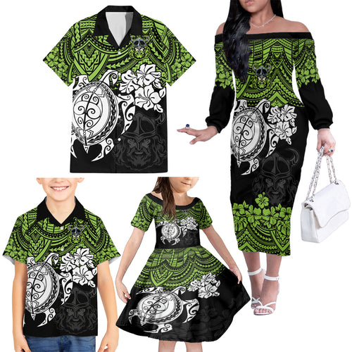 custom-raiders-rugby-family-matching-off-shoulder-long-sleeve-dress-and-hawaiian-shirt-canberra-hibiscus-and-turtle-with-polynesian-pattern