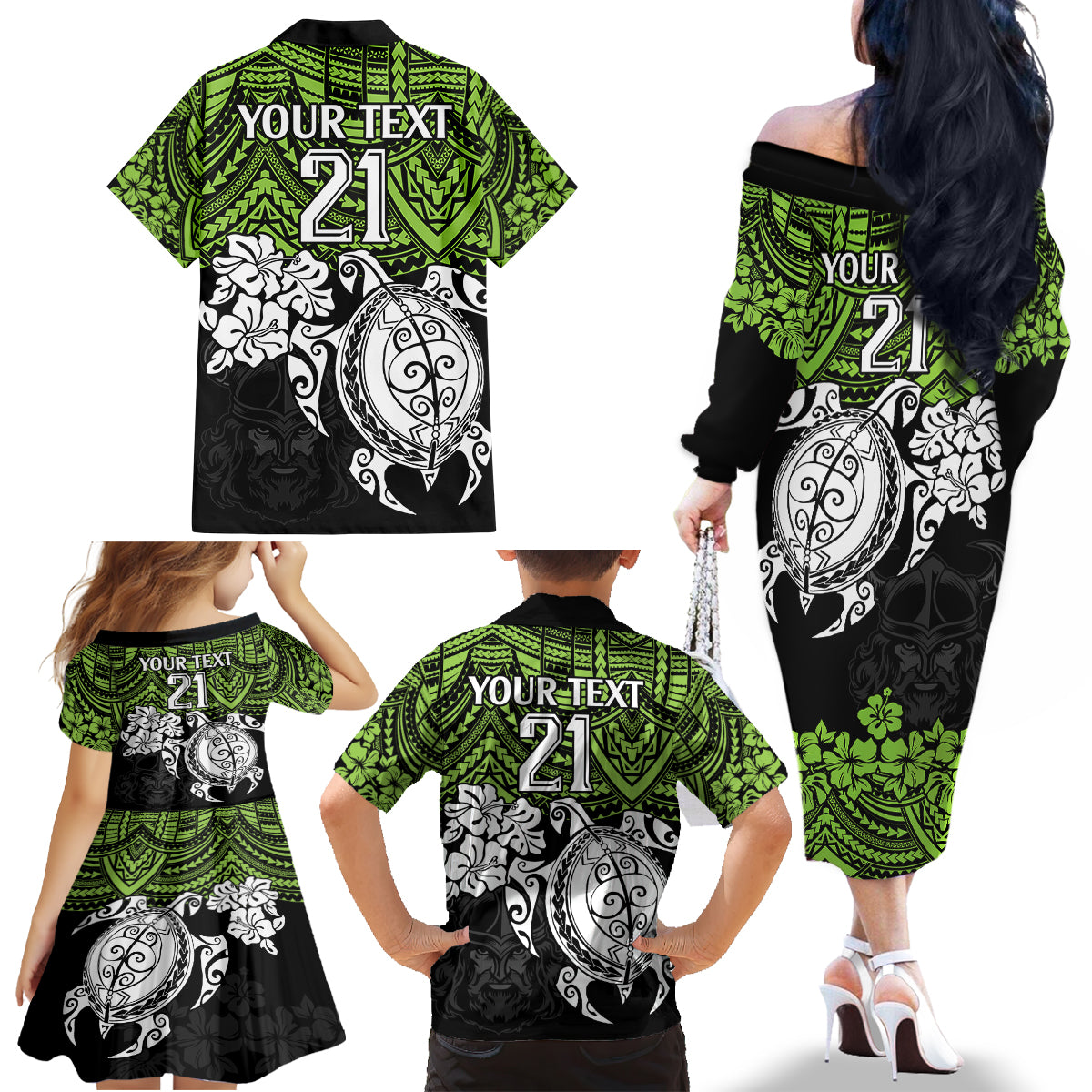 custom-raiders-rugby-family-matching-off-shoulder-long-sleeve-dress-and-hawaiian-shirt-canberra-hibiscus-and-turtle-with-polynesian-pattern