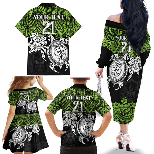custom-raiders-rugby-family-matching-off-shoulder-long-sleeve-dress-and-hawaiian-shirt-canberra-hibiscus-and-turtle-with-polynesian-pattern