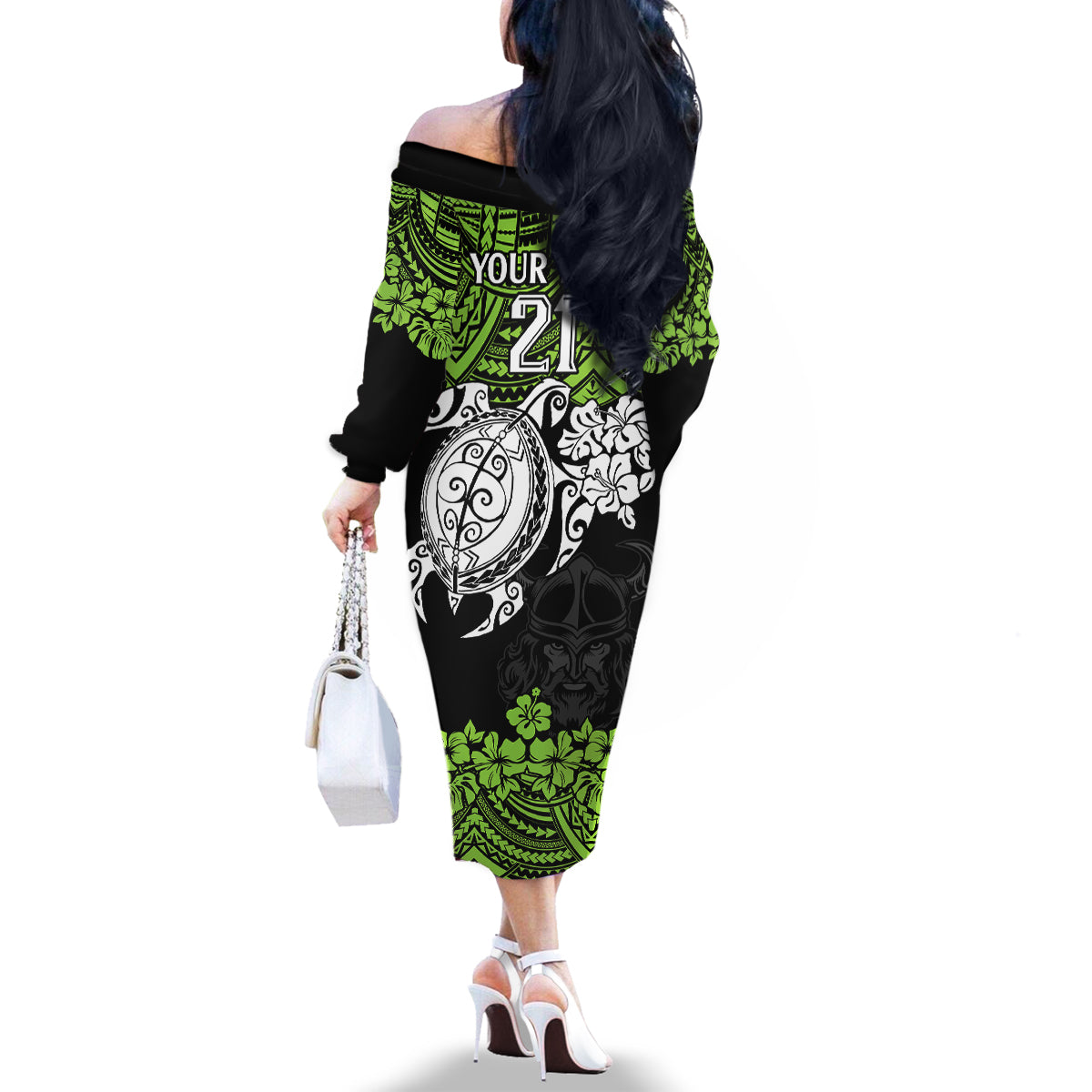 custom-raiders-rugby-family-matching-off-shoulder-long-sleeve-dress-and-hawaiian-shirt-canberra-hibiscus-and-turtle-with-polynesian-pattern