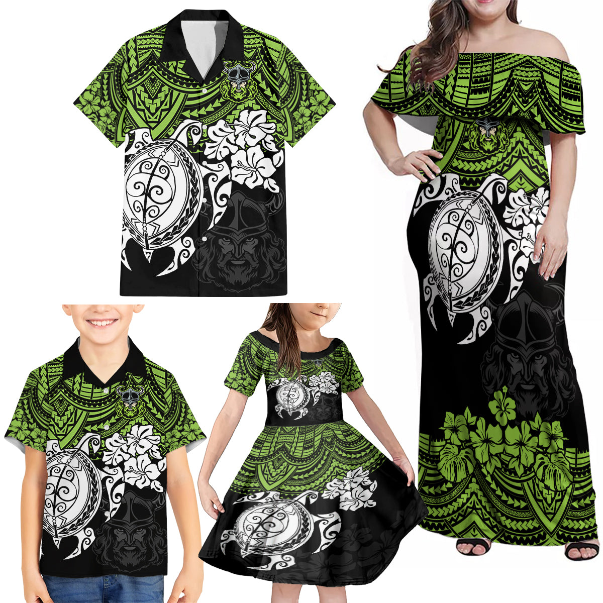 custom-raiders-rugby-family-matching-off-shoulder-maxi-dress-and-hawaiian-shirt-canberra-hibiscus-and-turtle-with-polynesian-pattern