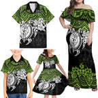 custom-raiders-rugby-family-matching-off-shoulder-maxi-dress-and-hawaiian-shirt-canberra-hibiscus-and-turtle-with-polynesian-pattern
