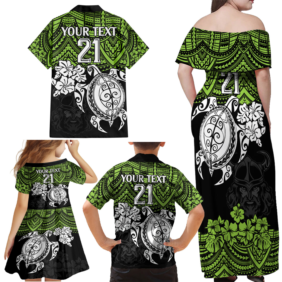 custom-raiders-rugby-family-matching-off-shoulder-maxi-dress-and-hawaiian-shirt-canberra-hibiscus-and-turtle-with-polynesian-pattern