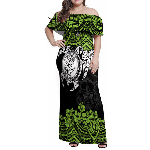 custom-raiders-rugby-family-matching-off-shoulder-maxi-dress-and-hawaiian-shirt-canberra-hibiscus-and-turtle-with-polynesian-pattern