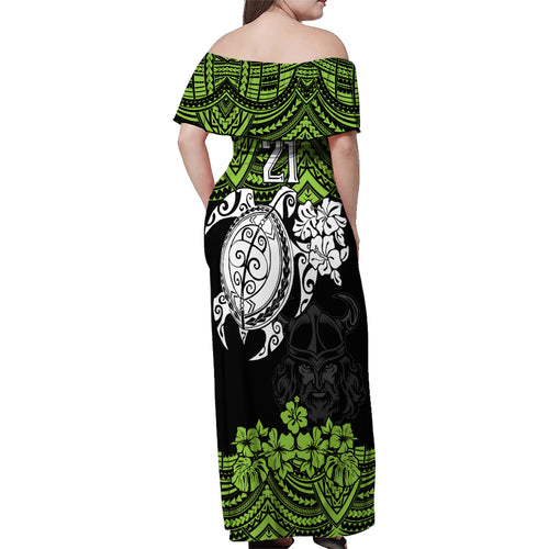 custom-raiders-rugby-family-matching-off-shoulder-maxi-dress-and-hawaiian-shirt-canberra-hibiscus-and-turtle-with-polynesian-pattern
