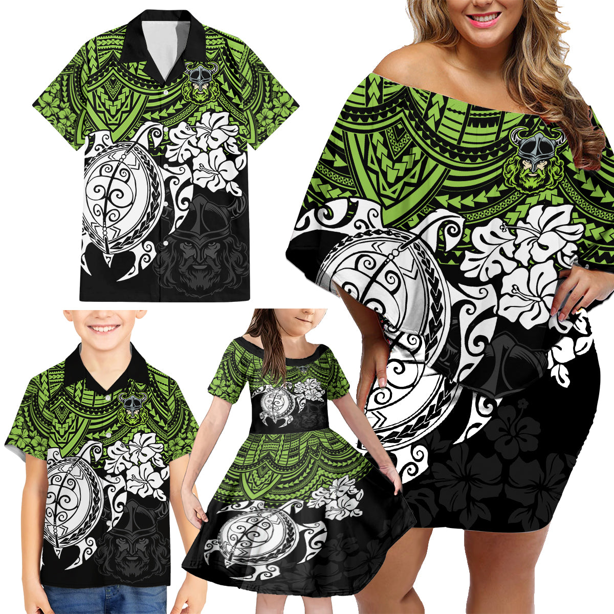 custom-raiders-rugby-family-matching-off-shoulder-short-dress-and-hawaiian-shirt-canberra-hibiscus-and-turtle-with-polynesian-pattern