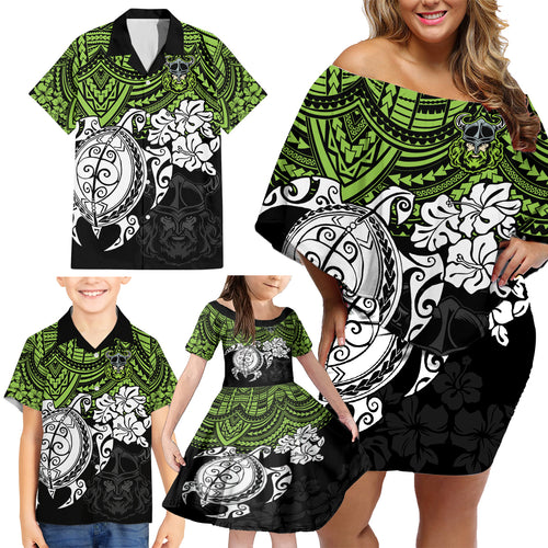 custom-raiders-rugby-family-matching-off-shoulder-short-dress-and-hawaiian-shirt-canberra-hibiscus-and-turtle-with-polynesian-pattern
