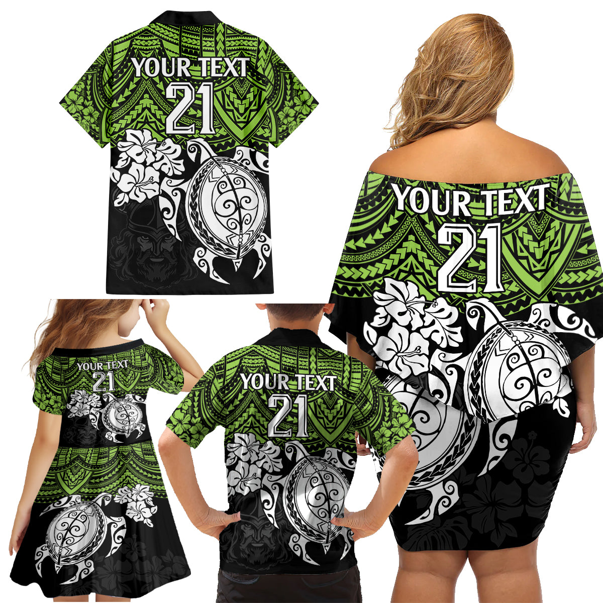 custom-raiders-rugby-family-matching-off-shoulder-short-dress-and-hawaiian-shirt-canberra-hibiscus-and-turtle-with-polynesian-pattern