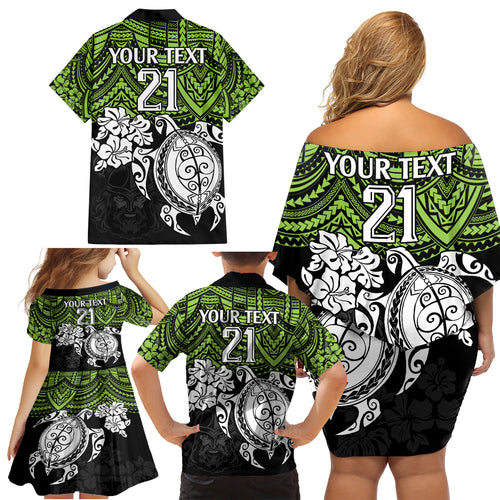 custom-raiders-rugby-family-matching-off-shoulder-short-dress-and-hawaiian-shirt-canberra-hibiscus-and-turtle-with-polynesian-pattern