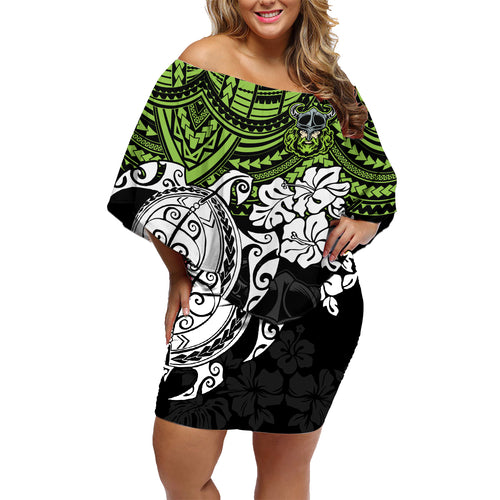 custom-raiders-rugby-family-matching-off-shoulder-short-dress-and-hawaiian-shirt-canberra-hibiscus-and-turtle-with-polynesian-pattern