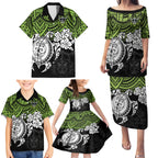 custom-raiders-rugby-family-matching-puletasi-dress-and-hawaiian-shirt-canberra-hibiscus-and-turtle-with-polynesian-pattern