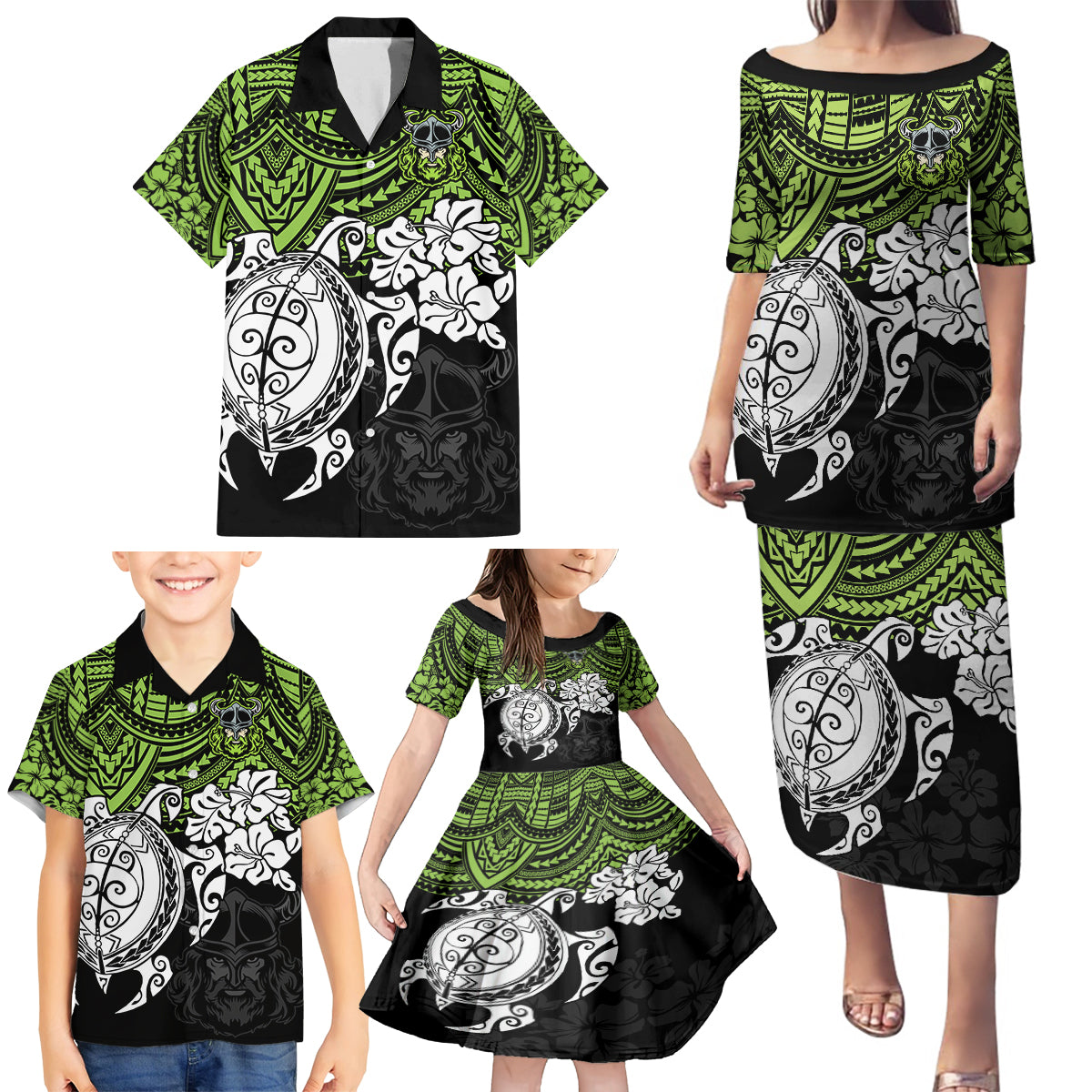 custom-raiders-rugby-family-matching-puletasi-dress-and-hawaiian-shirt-canberra-hibiscus-and-turtle-with-polynesian-pattern