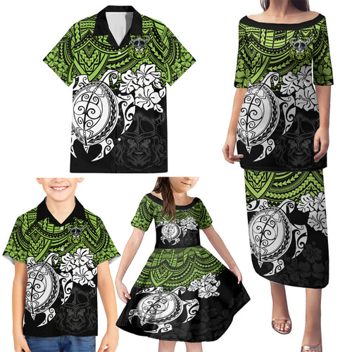 custom-raiders-rugby-family-matching-puletasi-dress-and-hawaiian-shirt-canberra-hibiscus-and-turtle-with-polynesian-pattern