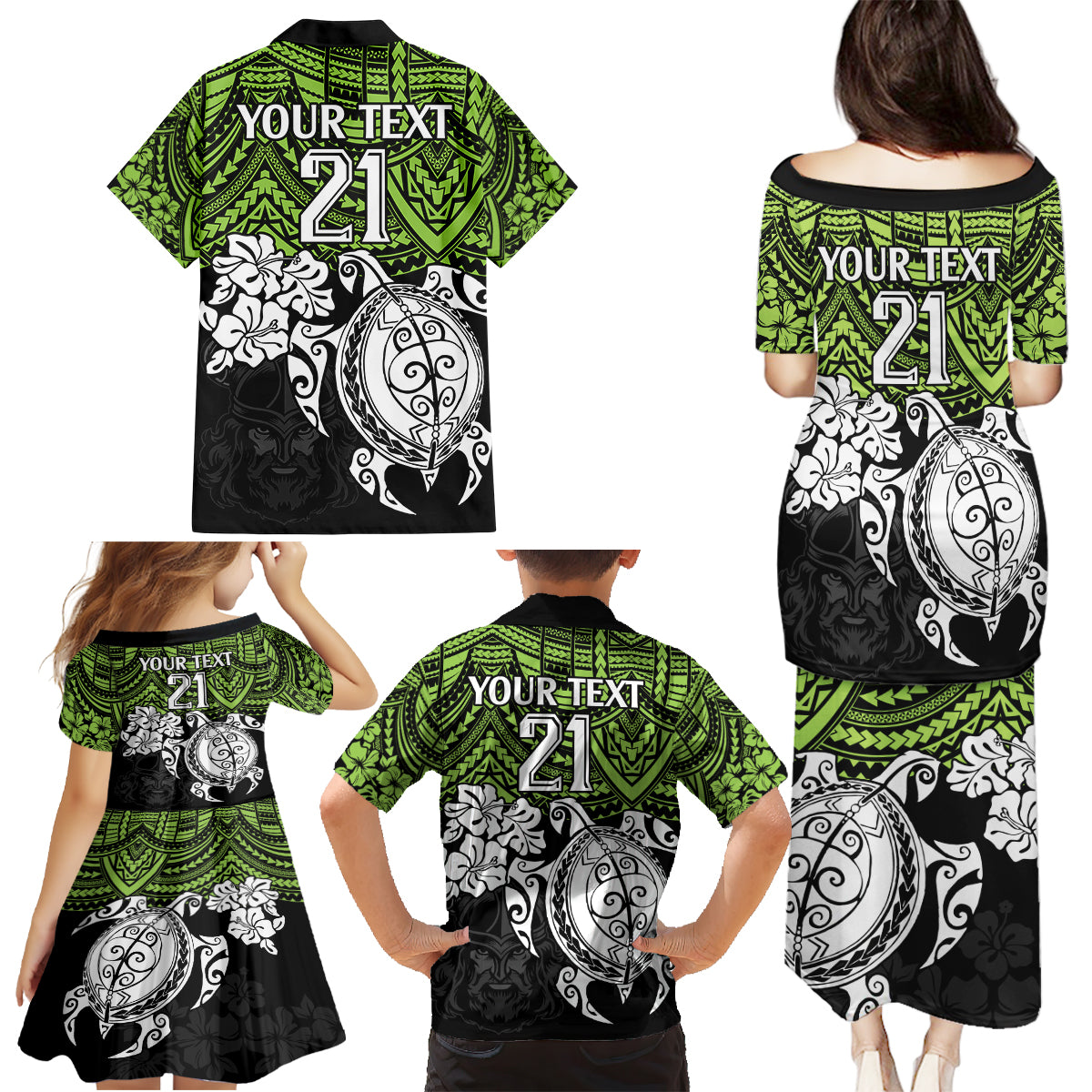 custom-raiders-rugby-family-matching-puletasi-dress-and-hawaiian-shirt-canberra-hibiscus-and-turtle-with-polynesian-pattern