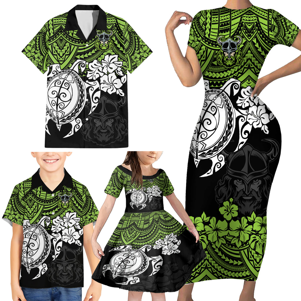 custom-raiders-rugby-family-matching-short-sleeve-bodycon-dress-and-hawaiian-shirt-canberra-hibiscus-and-turtle-with-polynesian-pattern