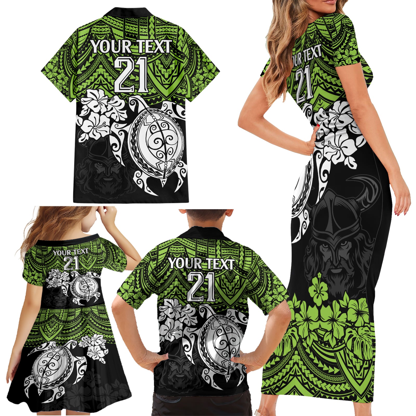 custom-raiders-rugby-family-matching-short-sleeve-bodycon-dress-and-hawaiian-shirt-canberra-hibiscus-and-turtle-with-polynesian-pattern