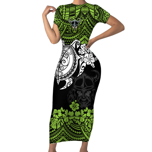 custom-raiders-rugby-family-matching-short-sleeve-bodycon-dress-and-hawaiian-shirt-canberra-hibiscus-and-turtle-with-polynesian-pattern