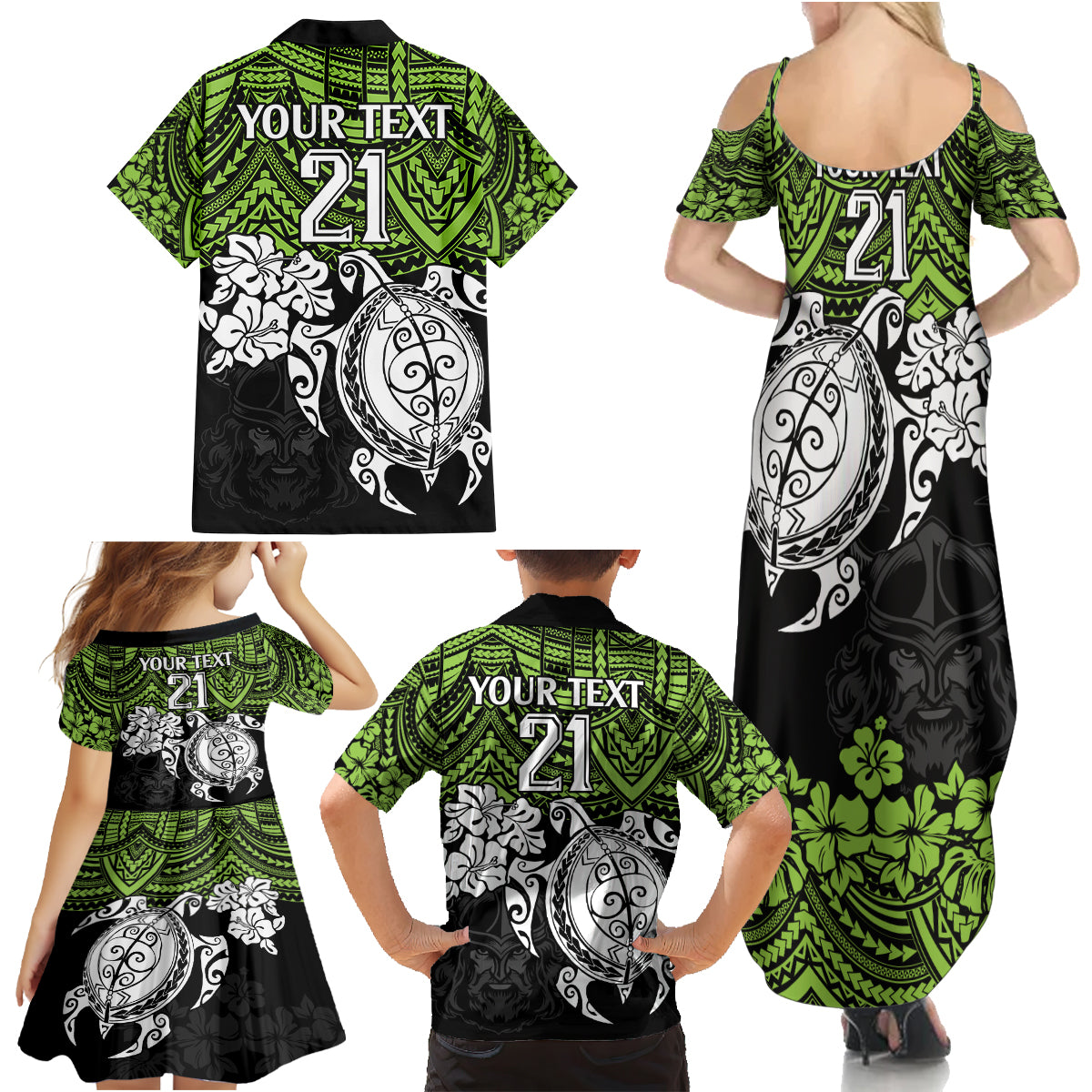 custom-raiders-rugby-family-matching-summer-maxi-dress-and-hawaiian-shirt-canberra-hibiscus-and-turtle-with-polynesian-pattern