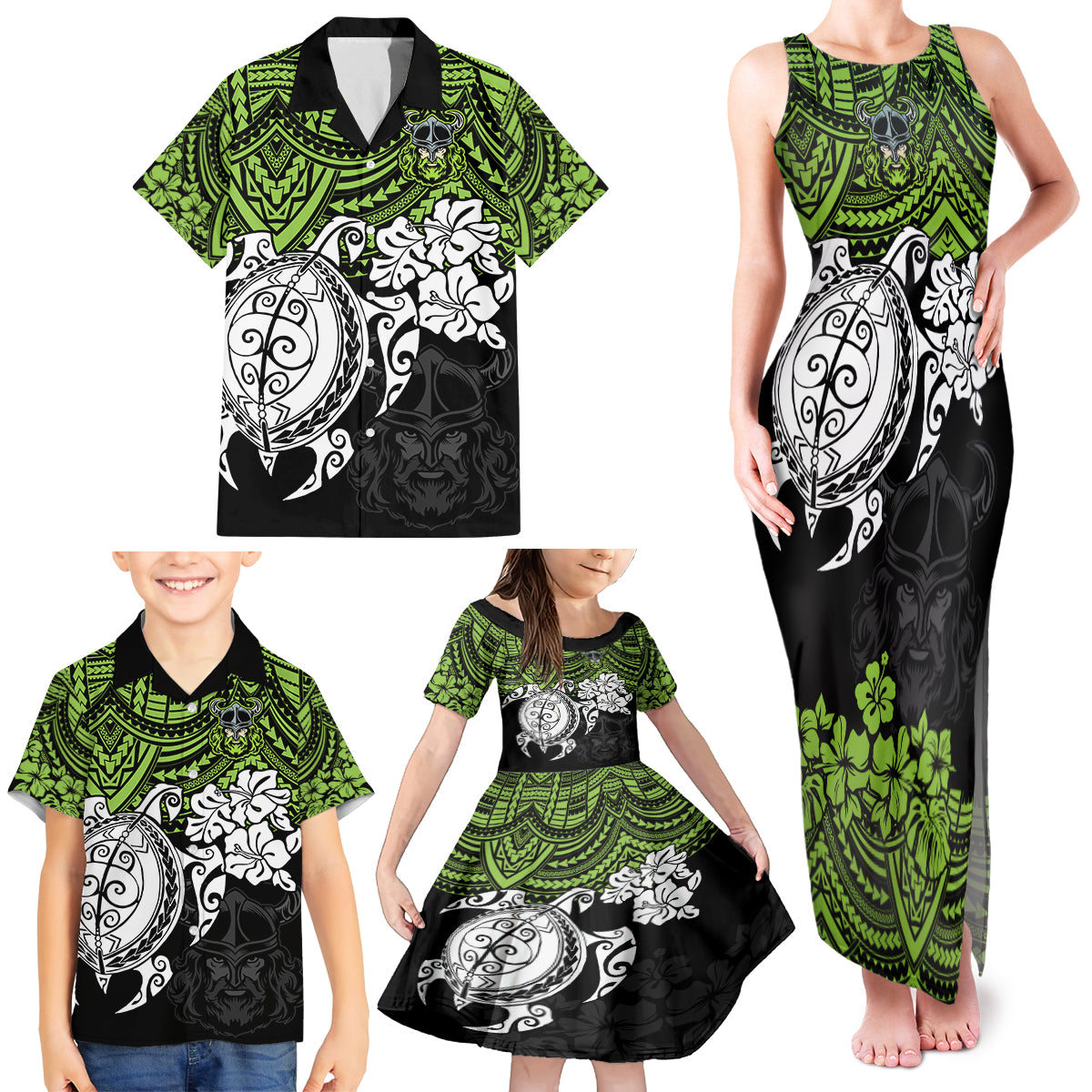 custom-raiders-rugby-family-matching-tank-maxi-dress-and-hawaiian-shirt-canberra-hibiscus-and-turtle-with-polynesian-pattern