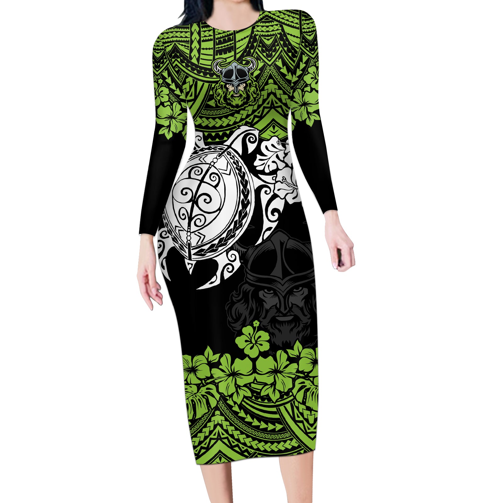 custom-raiders-rugby-long-sleeve-bodycon-dress-canberra-hibiscus-and-turtle-with-polynesian-pattern