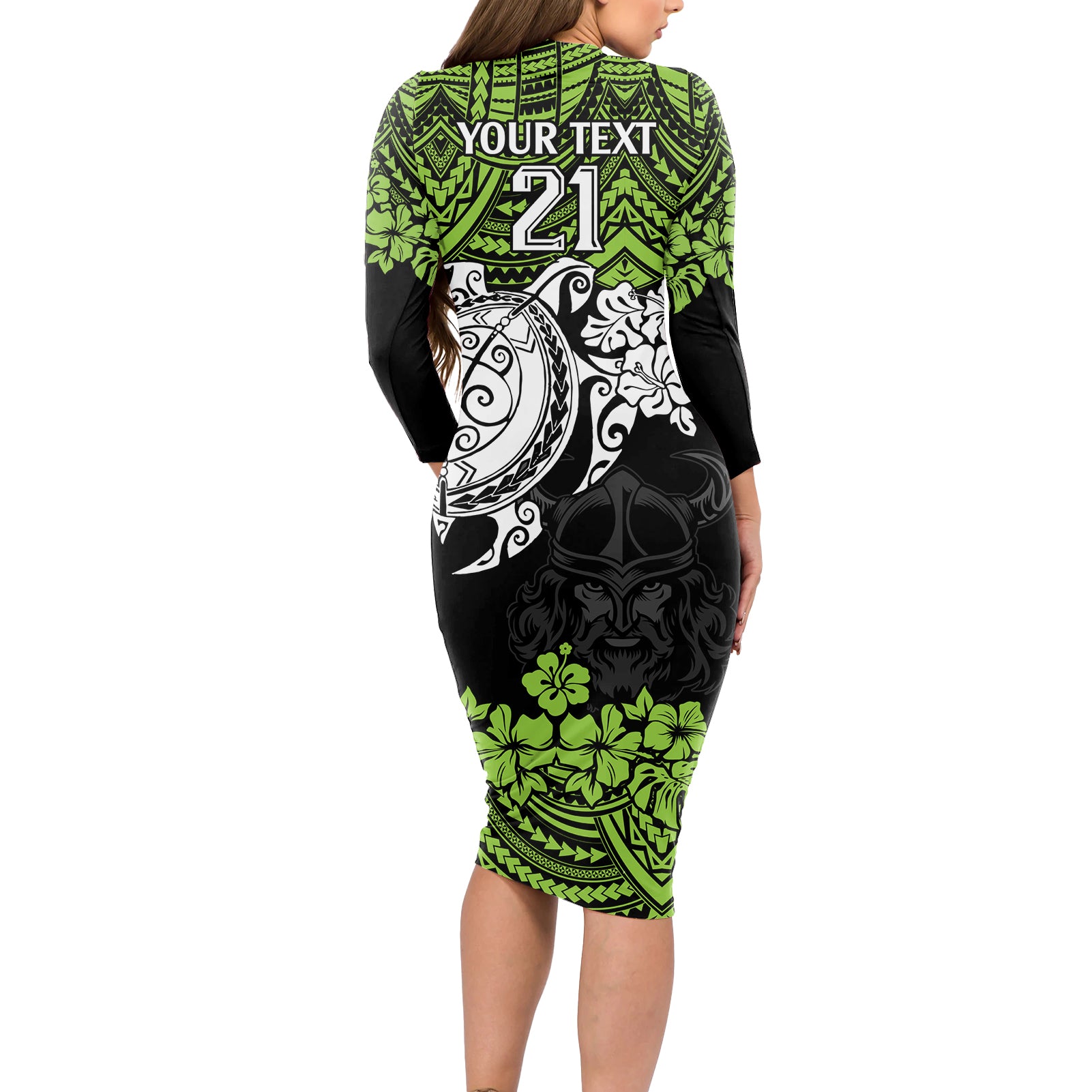 custom-raiders-rugby-long-sleeve-bodycon-dress-canberra-hibiscus-and-turtle-with-polynesian-pattern