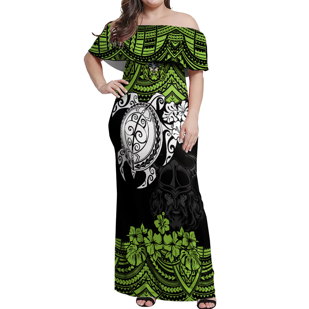 custom-raiders-rugby-off-shoulder-maxi-dress-canberra-hibiscus-and-turtle-with-polynesian-pattern