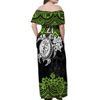 custom-raiders-rugby-off-shoulder-maxi-dress-canberra-hibiscus-and-turtle-with-polynesian-pattern