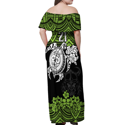 custom-raiders-rugby-off-shoulder-maxi-dress-canberra-hibiscus-and-turtle-with-polynesian-pattern