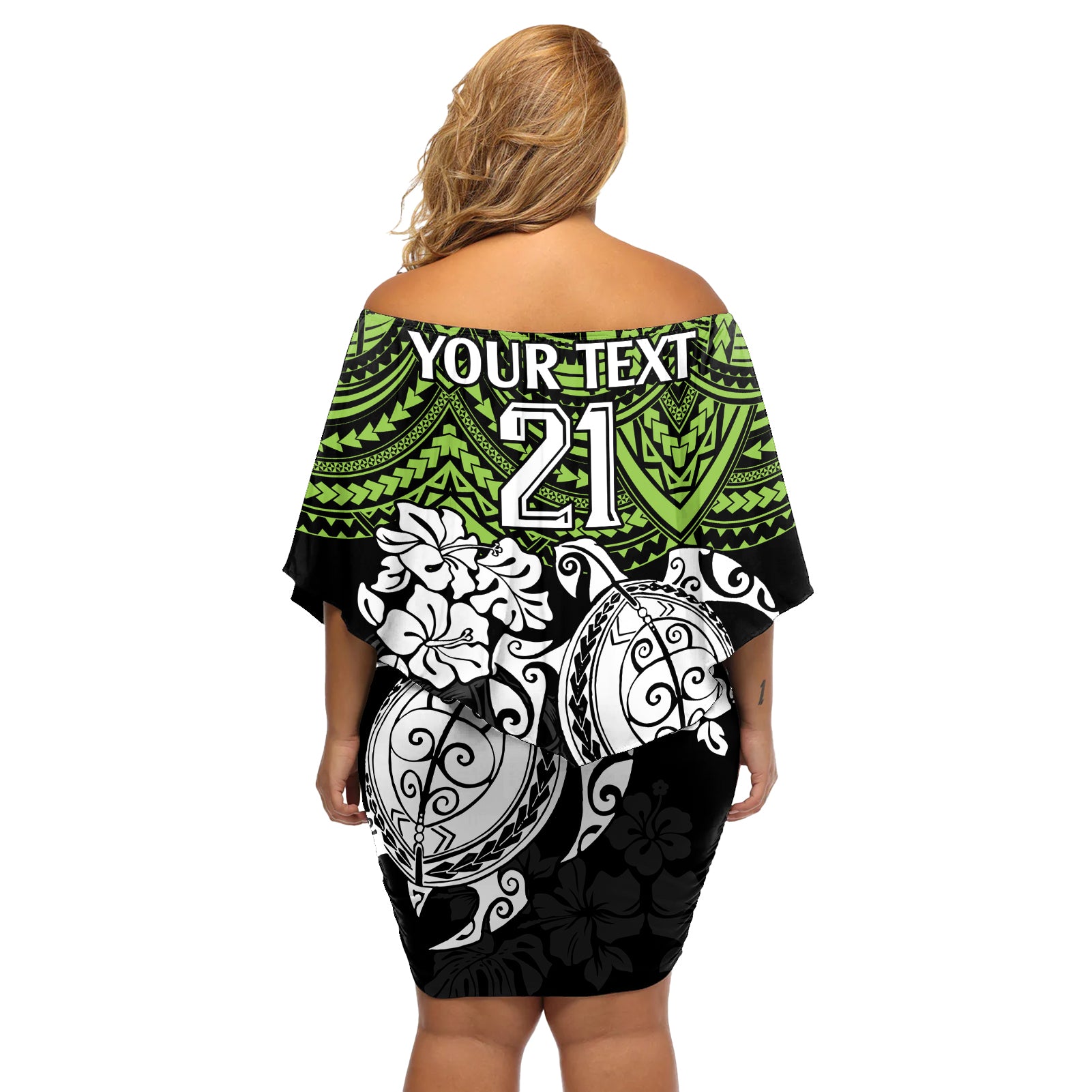 custom-raiders-rugby-off-shoulder-short-dress-canberra-hibiscus-and-turtle-with-polynesian-pattern