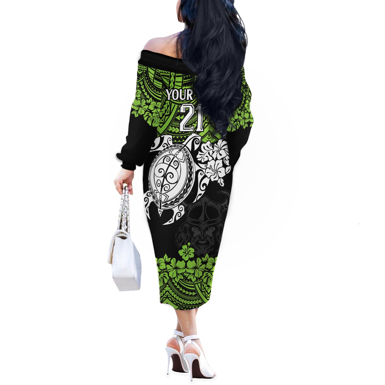 custom-raiders-rugby-off-the-shoulder-long-sleeve-dress-canberra-hibiscus-and-turtle-with-polynesian-pattern