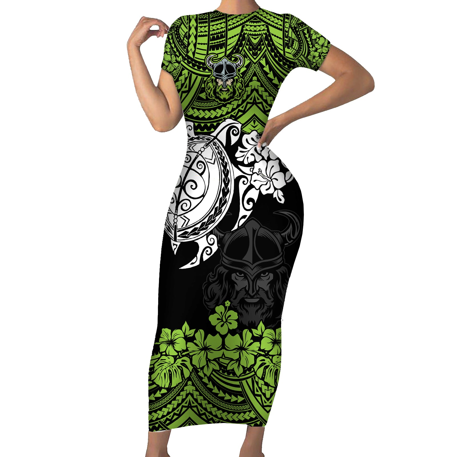 custom-raiders-rugby-short-sleeve-bodycon-dress-canberra-hibiscus-and-turtle-with-polynesian-pattern