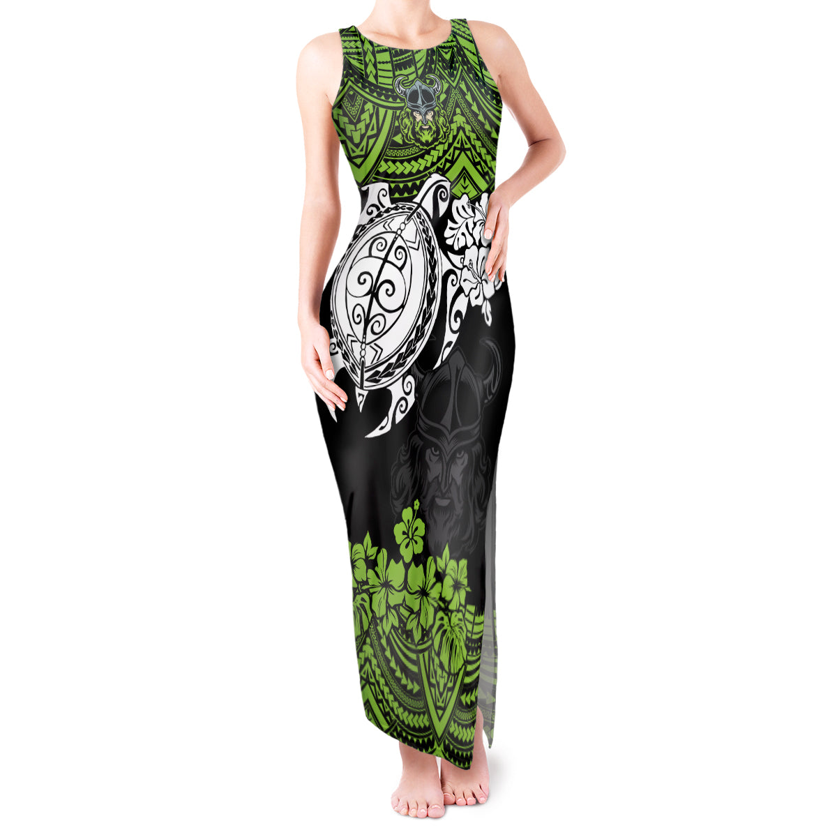 custom-raiders-rugby-tank-maxi-dress-canberra-hibiscus-and-turtle-with-polynesian-pattern