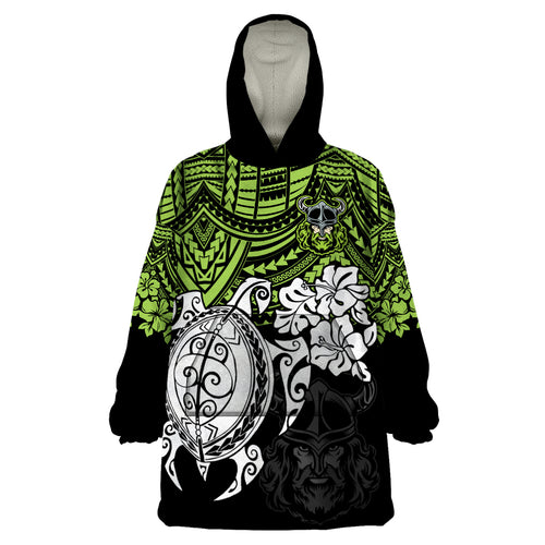 custom-raiders-rugby-wearable-blanket-hoodie-canberra-hibiscus-and-turtle-with-polynesian-pattern