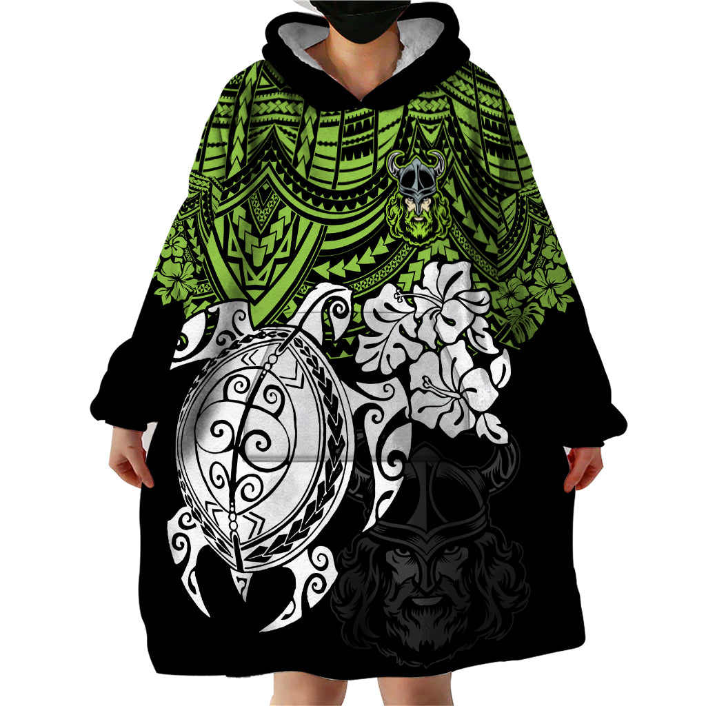 custom-raiders-rugby-wearable-blanket-hoodie-canberra-hibiscus-and-turtle-with-polynesian-pattern