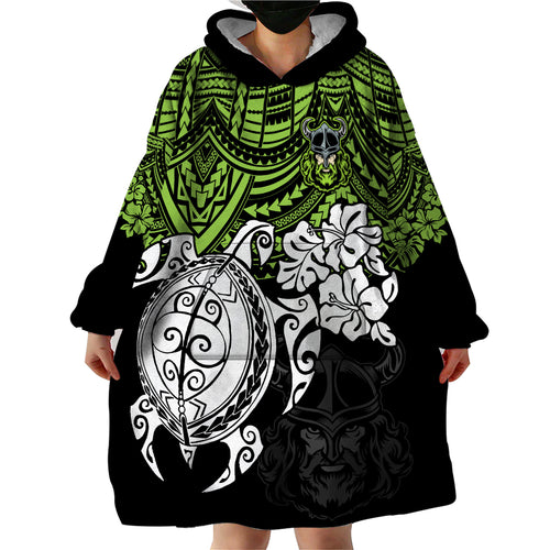 custom-raiders-rugby-wearable-blanket-hoodie-canberra-hibiscus-and-turtle-with-polynesian-pattern