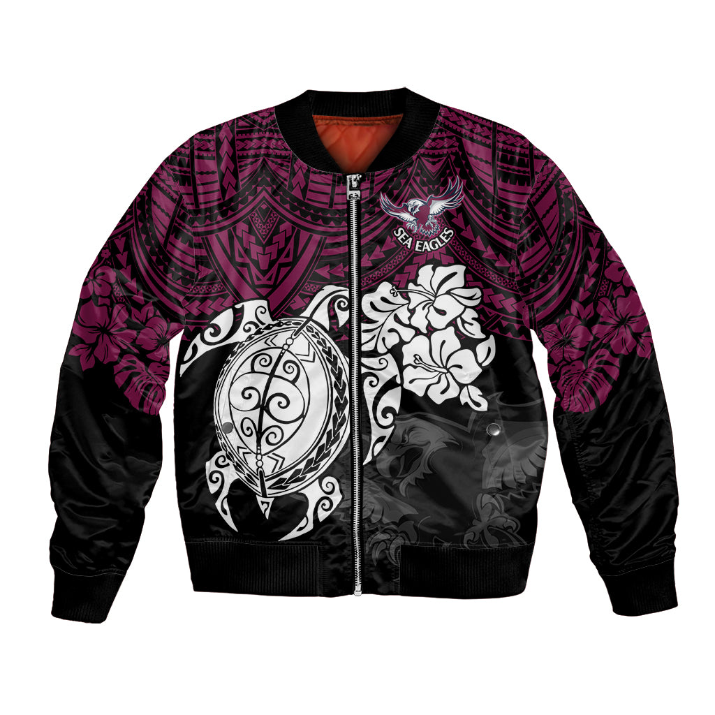 custom-sea-eagles-rugby-bomber-jacket-silvertails-hibiscus-and-turtle-with-polynesian-pattern
