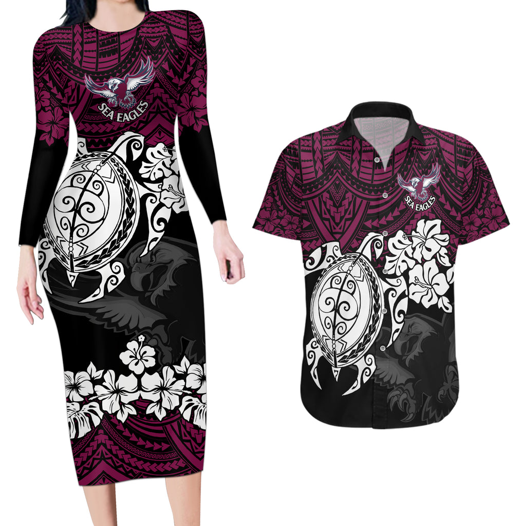 custom-sea-eagles-rugby-couples-matching-long-sleeve-bodycon-dress-and-hawaiian-shirt-silvertails-hibiscus-and-turtle-with-polynesian-pattern