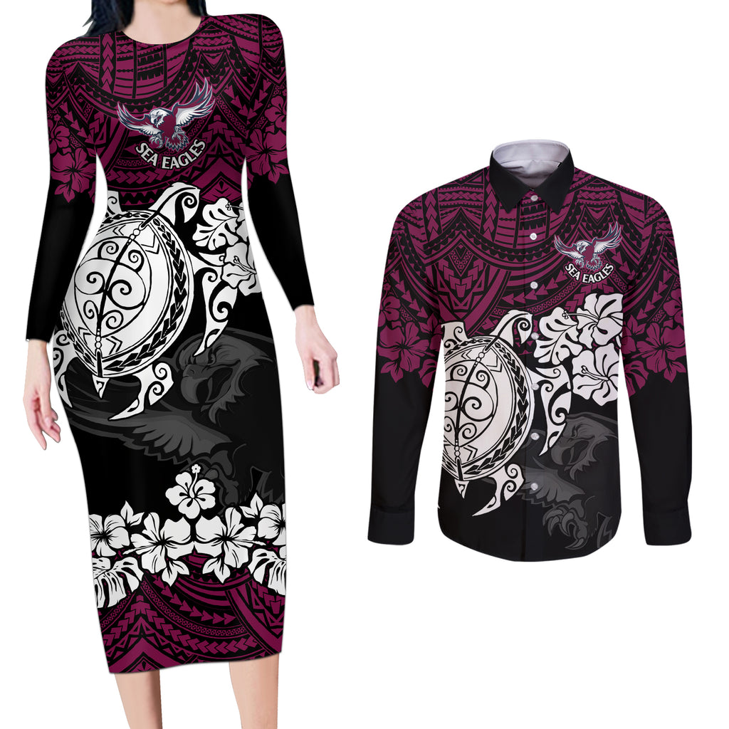 custom-sea-eagles-rugby-couples-matching-long-sleeve-bodycon-dress-and-long-sleeve-button-shirt-silvertails-hibiscus-and-turtle-with-polynesian-pattern