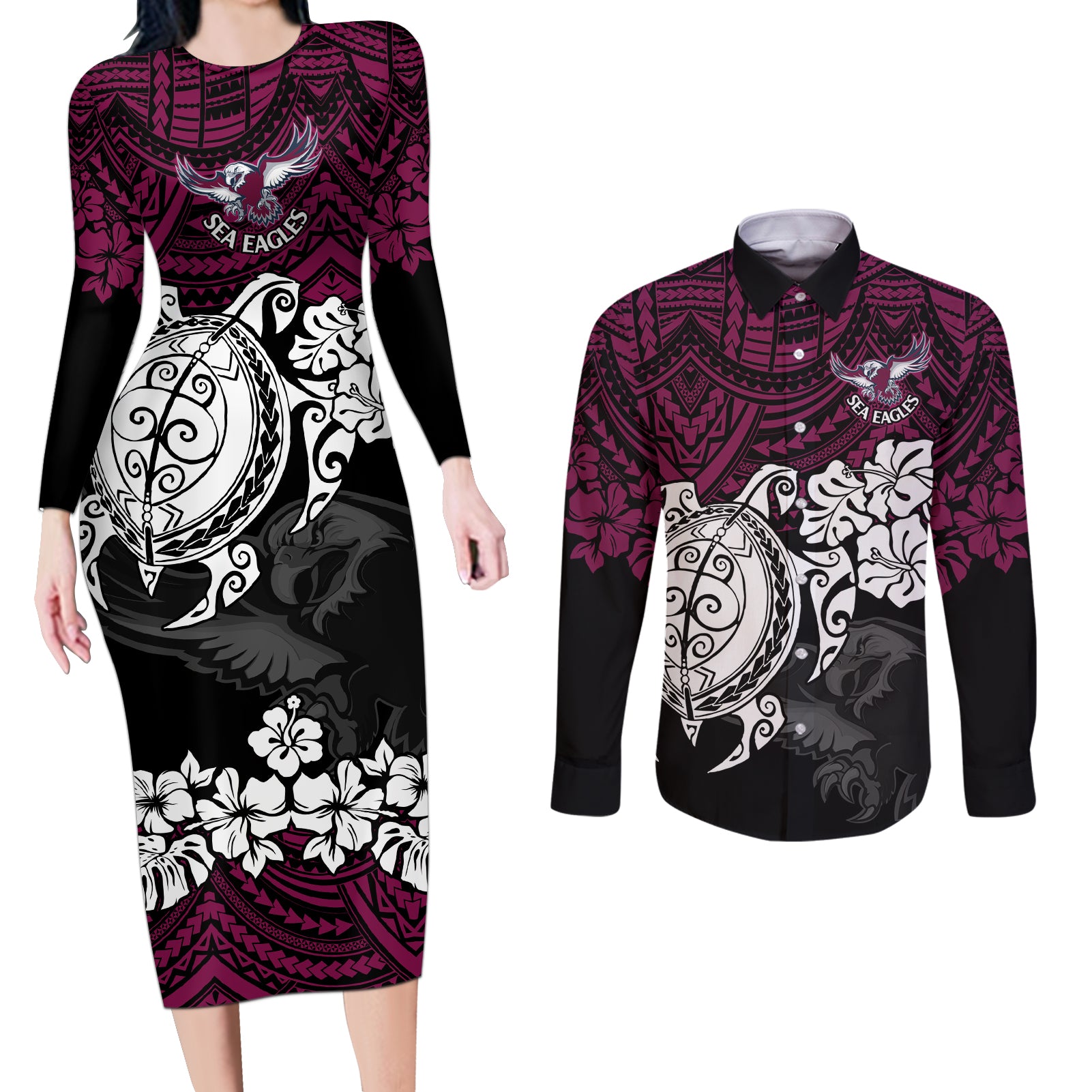 custom-sea-eagles-rugby-couples-matching-long-sleeve-bodycon-dress-and-long-sleeve-button-shirt-silvertails-hibiscus-and-turtle-with-polynesian-pattern