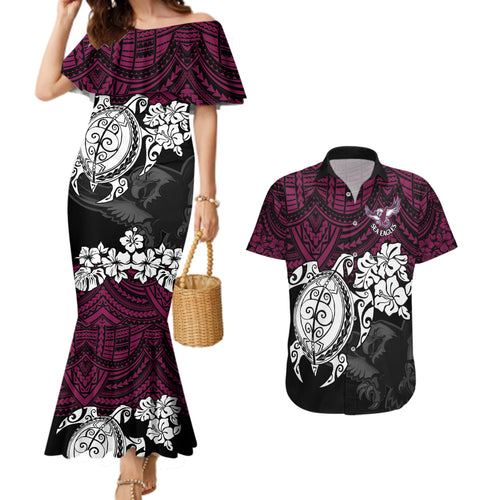 custom-sea-eagles-rugby-couples-matching-mermaid-dress-and-hawaiian-shirt-silvertails-hibiscus-and-turtle-with-polynesian-pattern