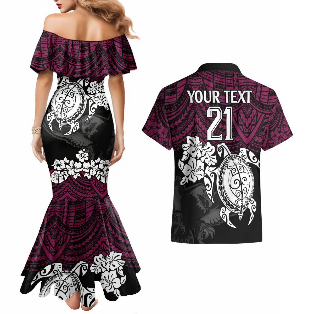custom-sea-eagles-rugby-couples-matching-mermaid-dress-and-hawaiian-shirt-silvertails-hibiscus-and-turtle-with-polynesian-pattern