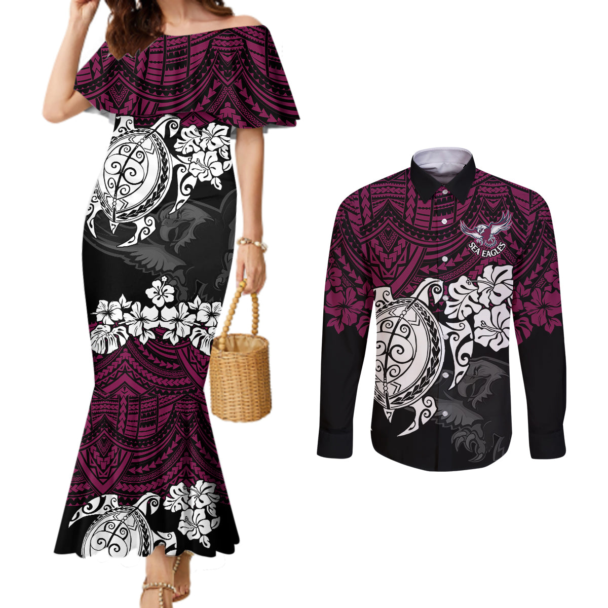 custom-sea-eagles-rugby-couples-matching-mermaid-dress-and-long-sleeve-button-shirt-silvertails-hibiscus-and-turtle-with-polynesian-pattern
