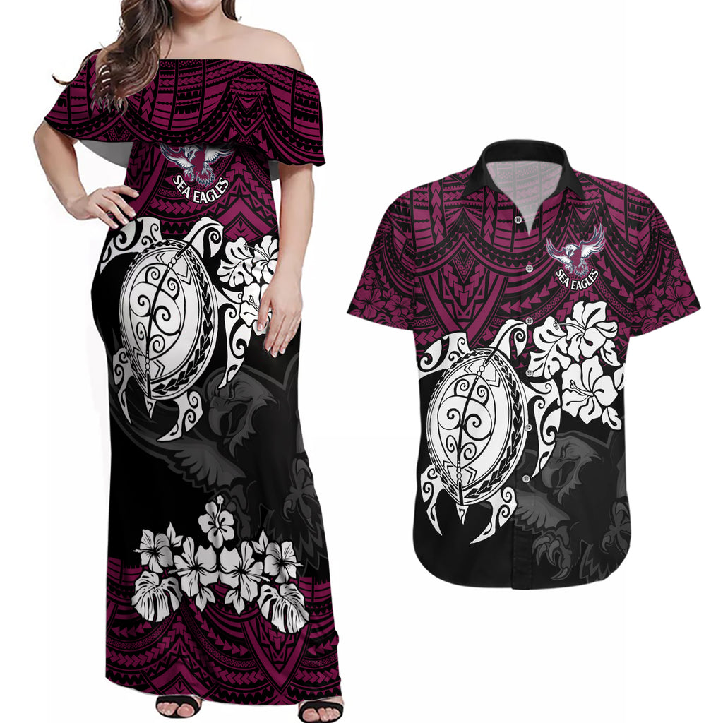 custom-sea-eagles-rugby-couples-matching-off-shoulder-maxi-dress-and-hawaiian-shirt-silvertails-hibiscus-and-turtle-with-polynesian-pattern