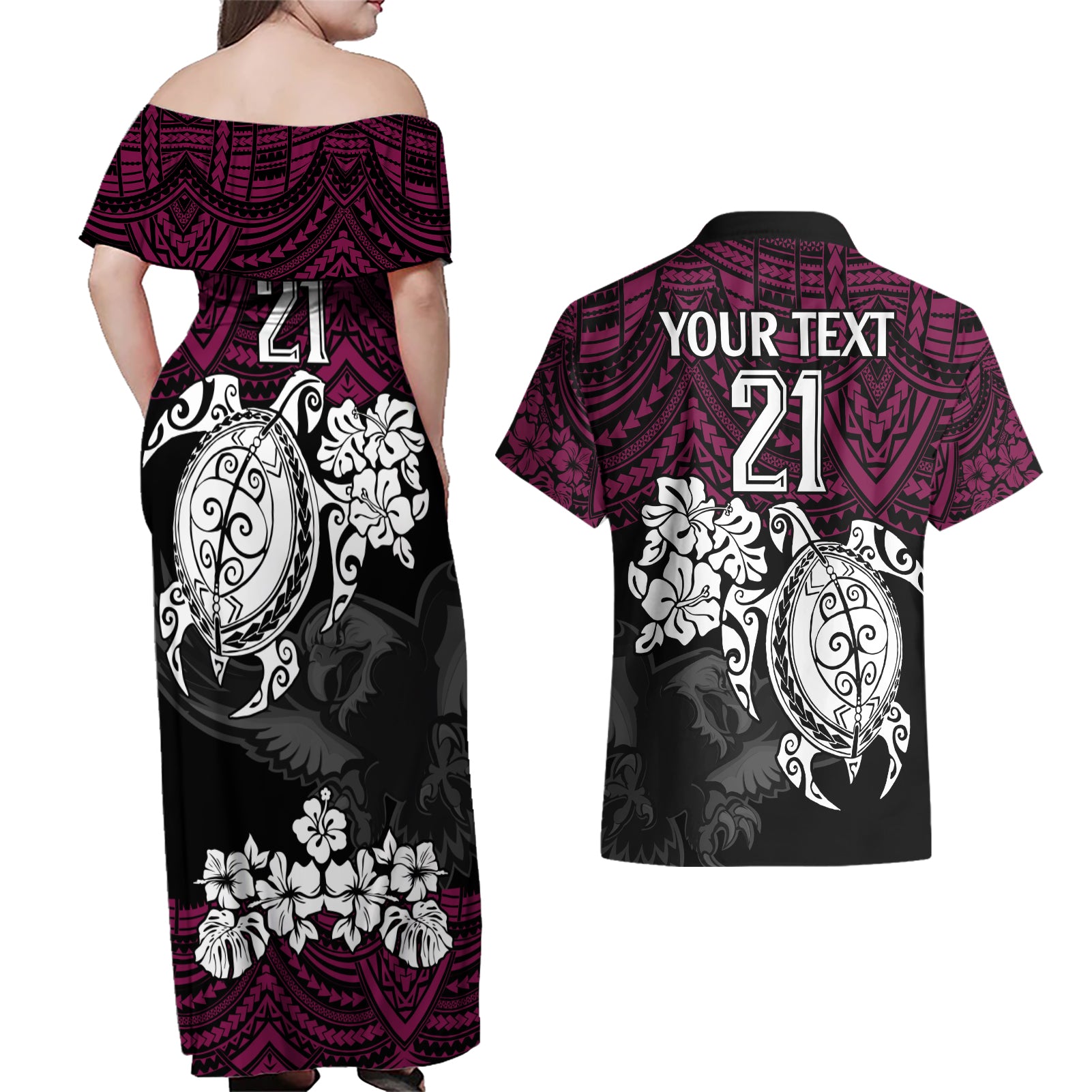 custom-sea-eagles-rugby-couples-matching-off-shoulder-maxi-dress-and-hawaiian-shirt-silvertails-hibiscus-and-turtle-with-polynesian-pattern
