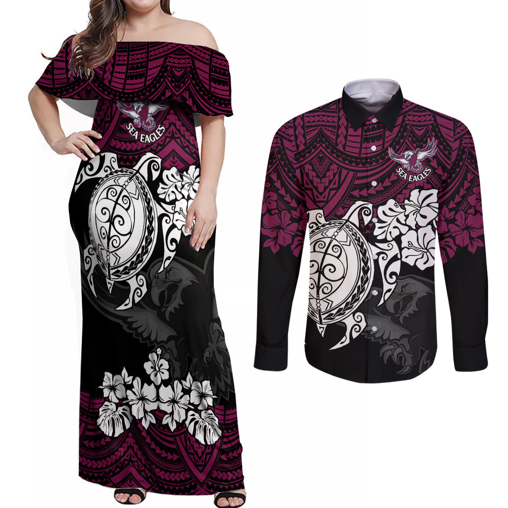 custom-sea-eagles-rugby-couples-matching-off-shoulder-maxi-dress-and-long-sleeve-button-shirt-silvertails-hibiscus-and-turtle-with-polynesian-pattern