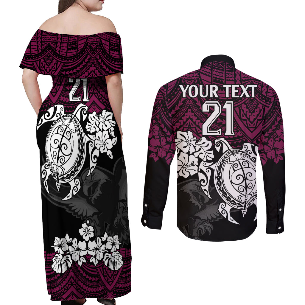 custom-sea-eagles-rugby-couples-matching-off-shoulder-maxi-dress-and-long-sleeve-button-shirt-silvertails-hibiscus-and-turtle-with-polynesian-pattern