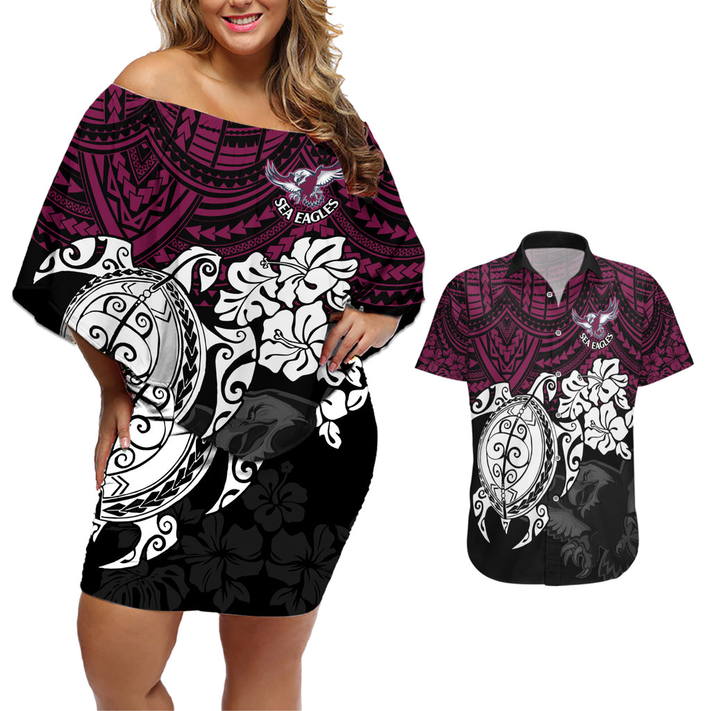 custom-sea-eagles-rugby-couples-matching-off-shoulder-short-dress-and-hawaiian-shirt-silvertails-hibiscus-and-turtle-with-polynesian-pattern