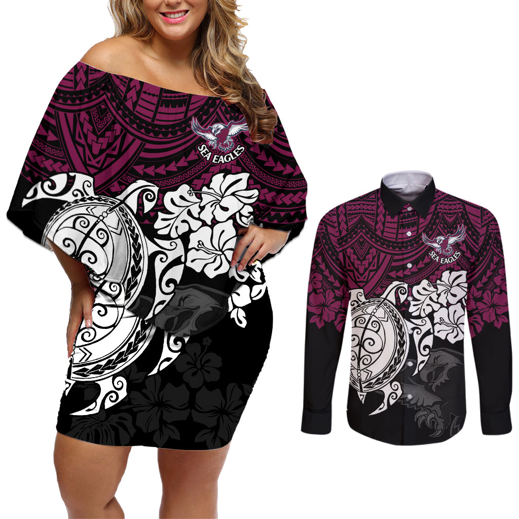 custom-sea-eagles-rugby-couples-matching-off-shoulder-short-dress-and-long-sleeve-button-shirt-silvertails-hibiscus-and-turtle-with-polynesian-pattern